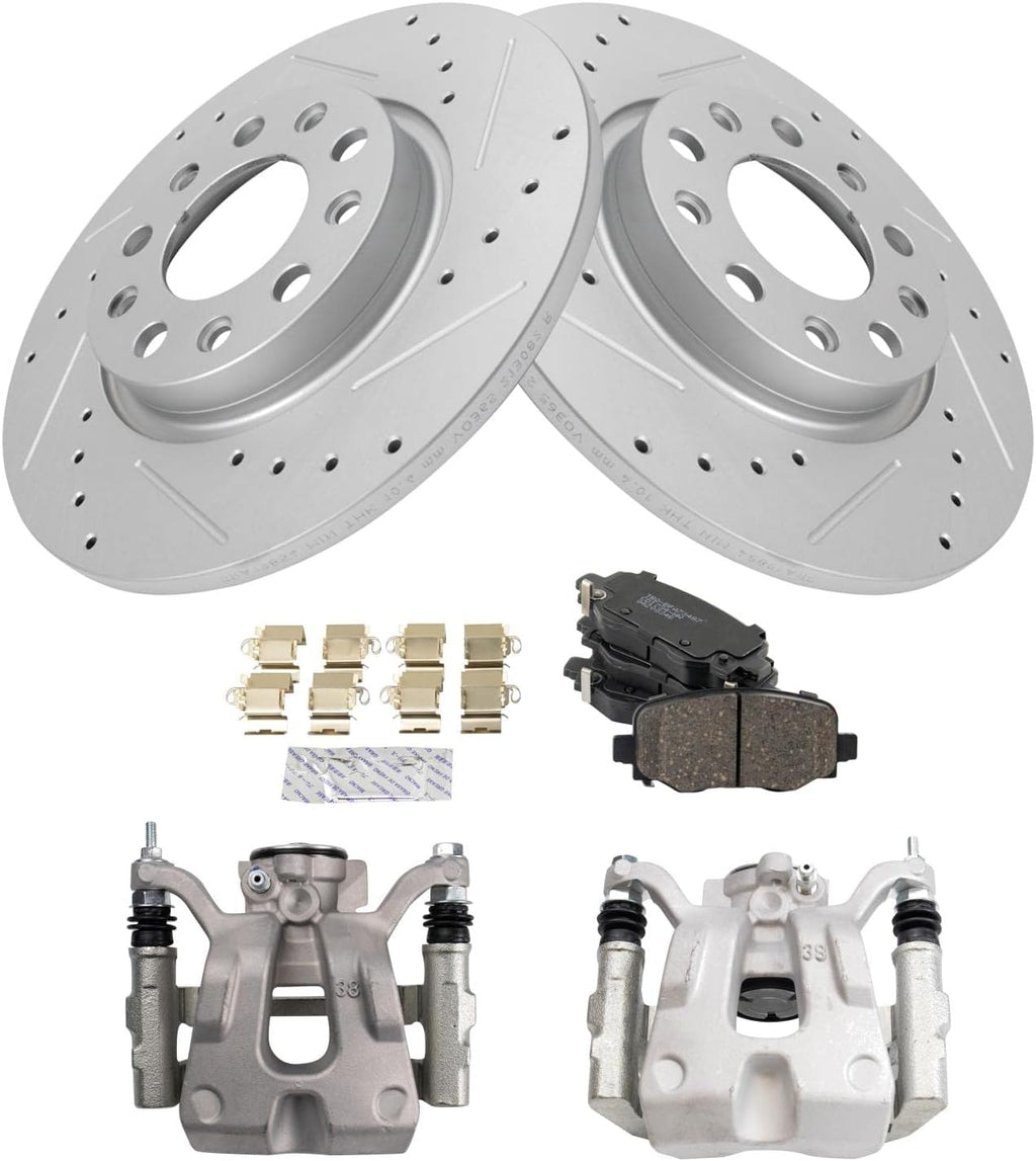TRQ Performance Rear Brake Pad and Rotor Set Ceramic Solid Coated Rotors Calipers Compatible with 2015-2017 Chrysler 200 2016-2020 Jeep Cherokee