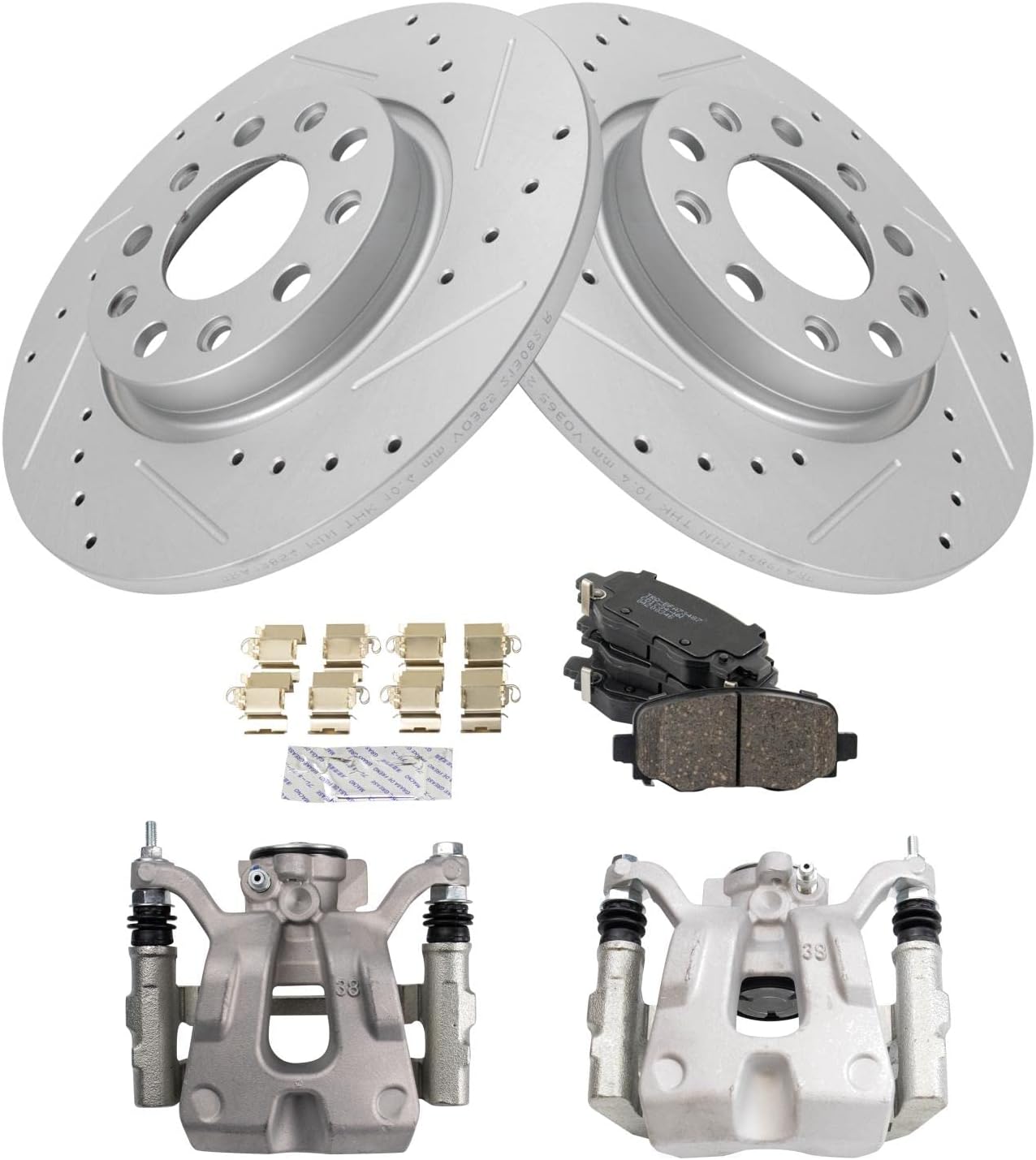TRQ Performance Rear Brake Pad and Rotor Set Ceramic Solid Coated Rotors Calipers Compatible with 2015-2017 Chrysler 200 2016-2020 Jeep Cherokee