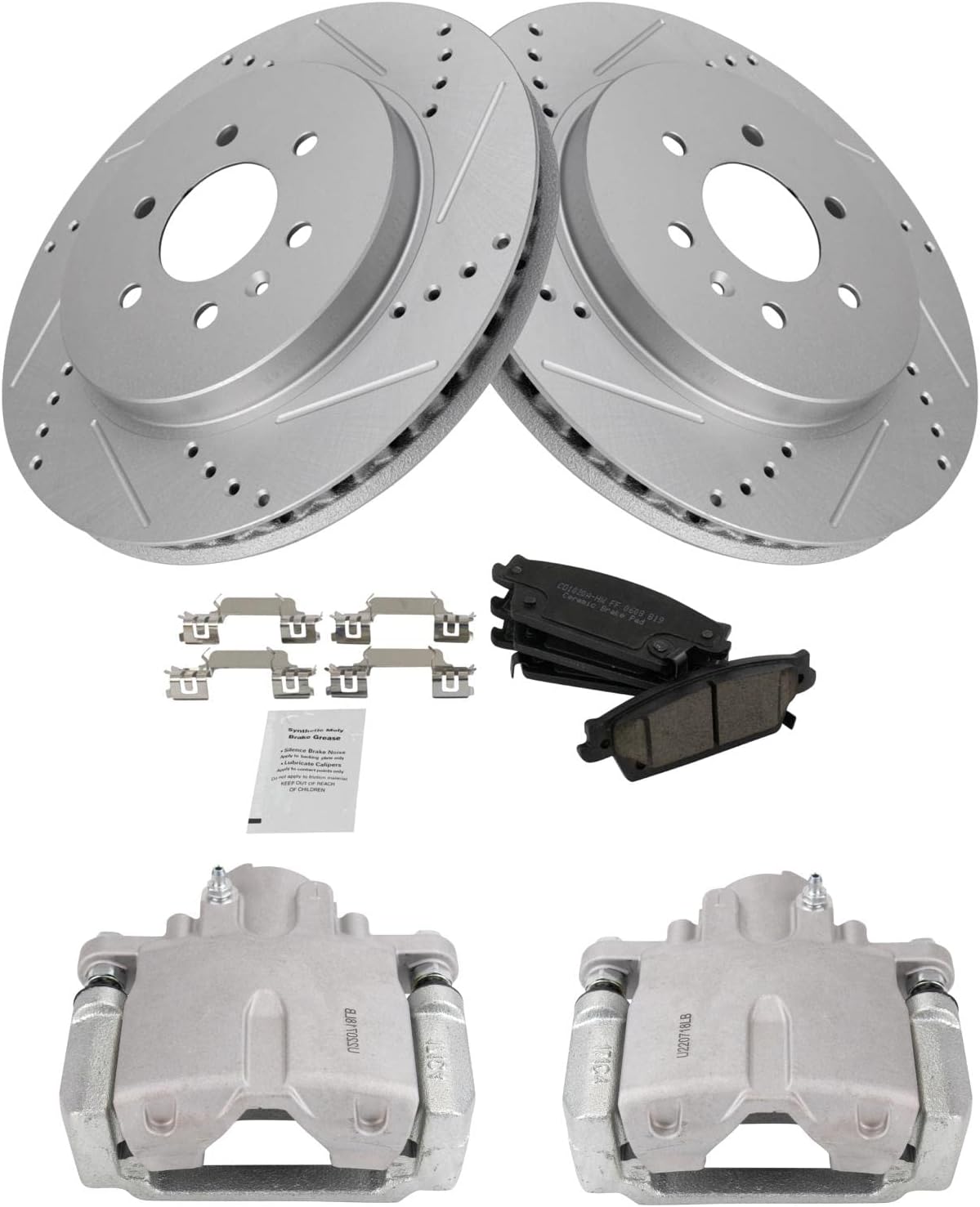 TRQ Performance Rear Brake Pad and Rotor Set Ceramic Vented Coated Rotors Calipers Compatible with 2004-2009 Cadillac SRX