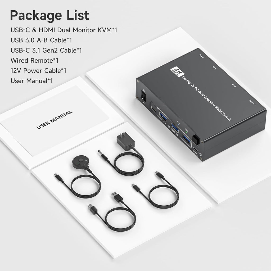 4K USB Type-C Docking KVM Switch Laptop& Desktop 2 Monitors 2 Computers USB-C & Dual HDMI 4K@60Hz Dual Monitor KVM Switches for MAC & PC, PD 100W Charging, with Type-C 3.1 Gen 2 Cable & Wired Remote