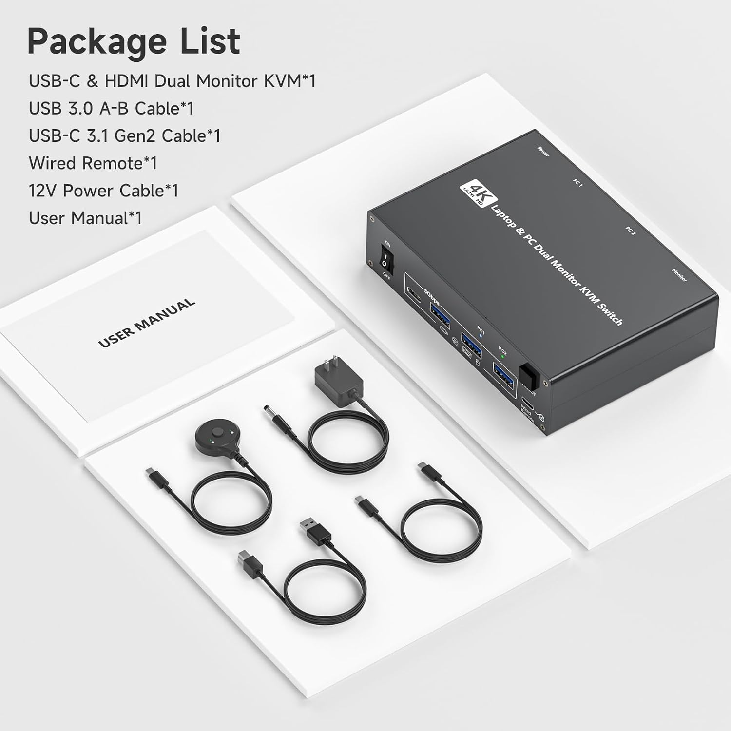 4K USB Type-C Docking KVM Switch Laptop& Desktop 2 Monitors 2 Computers USB-C & Dual HDMI 4K@60Hz Dual Monitor KVM Switches for MAC & PC, PD 100W Charging, with Type-C 3.1 Gen 2 Cable & Wired Remote