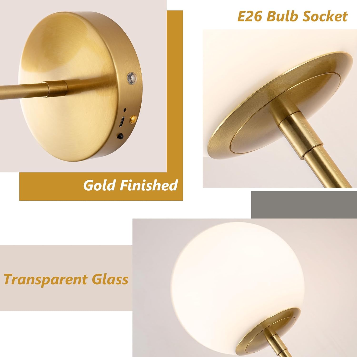 Battery Operated wall Sconce Set of 2 Glass Globe 3000K~6000K Rechargeable Gold Wall Light Fixture Wireless Wall Lights with Clear Glass Shade for Living Room, Hallway, Bedroom(2 Pack)