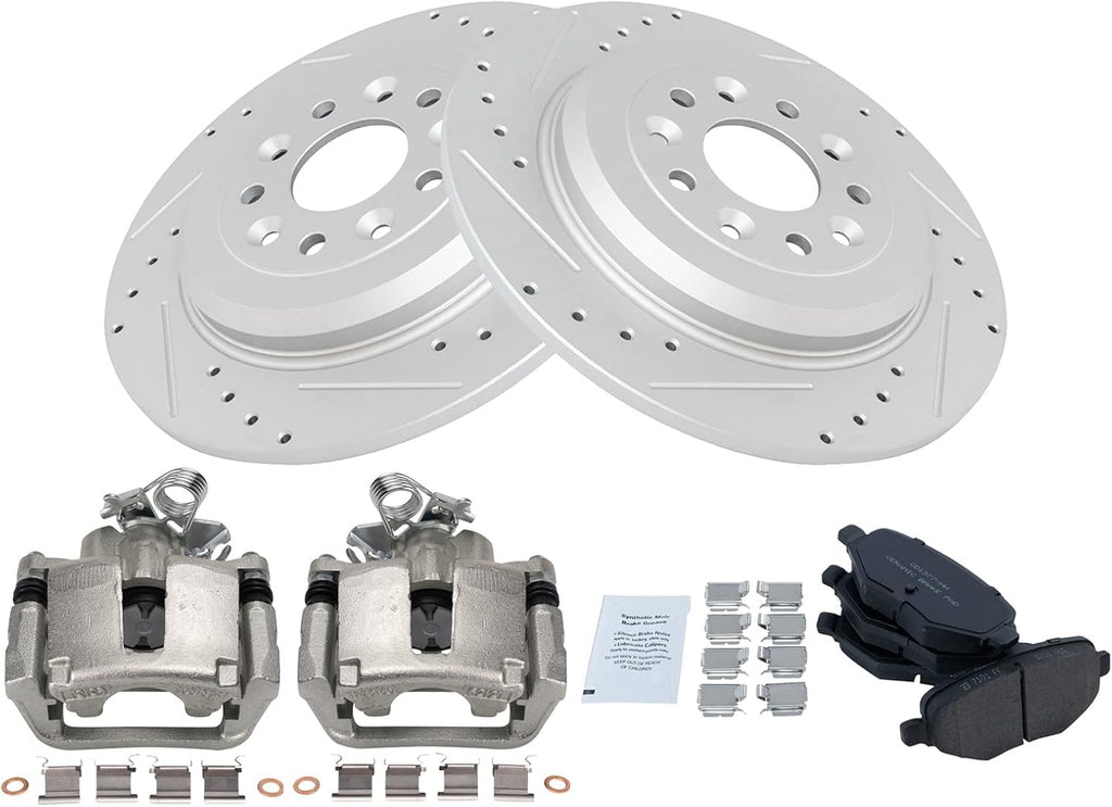 TRQ Performance Rear Brake Pad and Rotor Set Ceramic Solid Rotors Calipers G Coated Compatible with 2014-2018 Ford Explorer 2015-2018 Flex Lincoln MKT