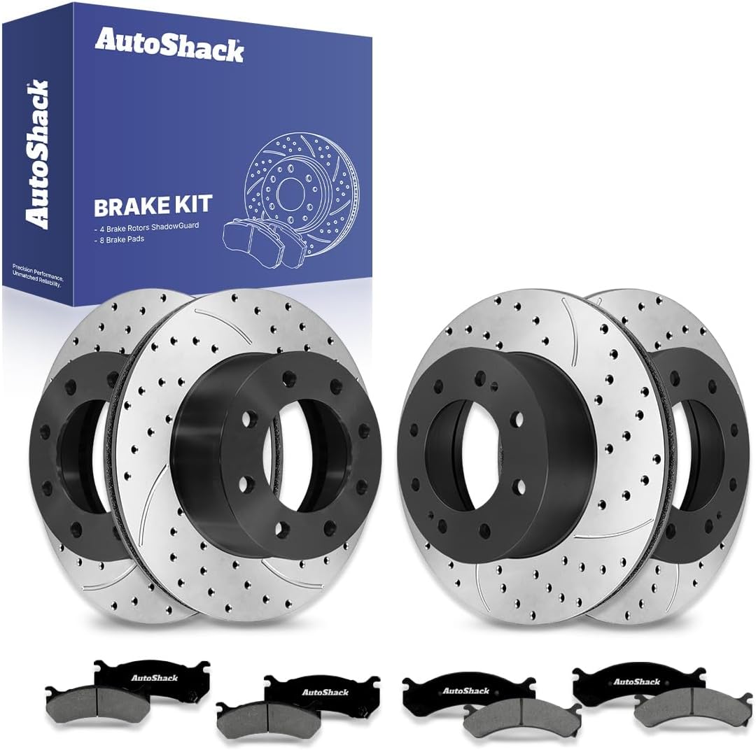 AutoShack Front & Rear Brake Rotors & Premium Pads for Chevrolet & GMC, Silverado 2500 HD 2001-2010 Sierra 2500 HD 2001-2010, 4WD RWD V8 6.0L 6.6L 8.1L - E-Coated Drilled & Slotted - ShadowGuard
