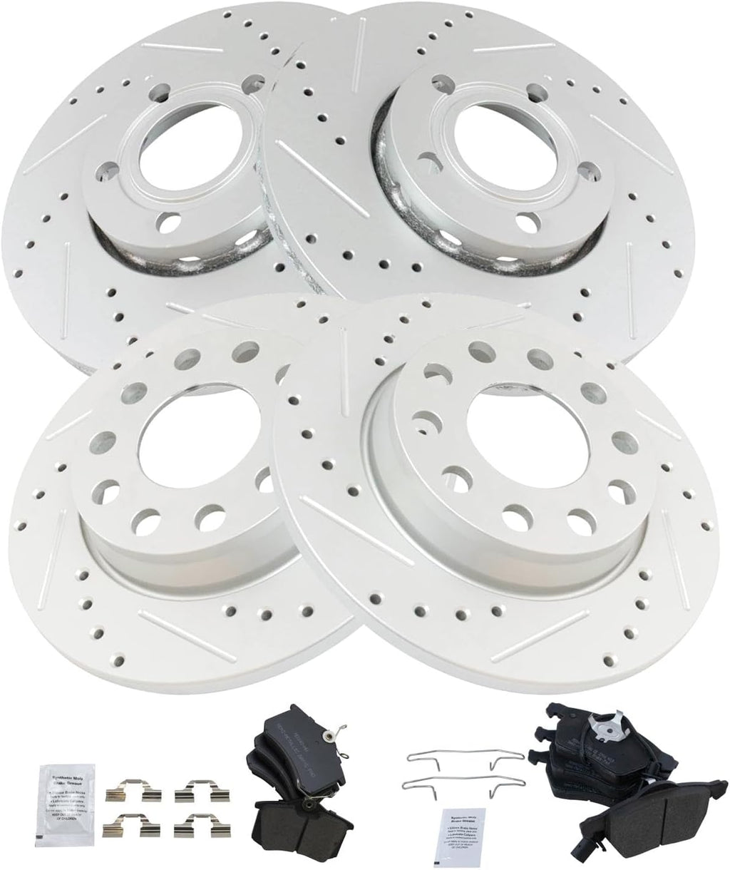 TRQ Performance Front and Rear Brake Pad and Rotor Set Semi Metallic Coated Drilled Slotted Vented Solid Compatible with 2002-2004 Audi A4 A4 Quattro
