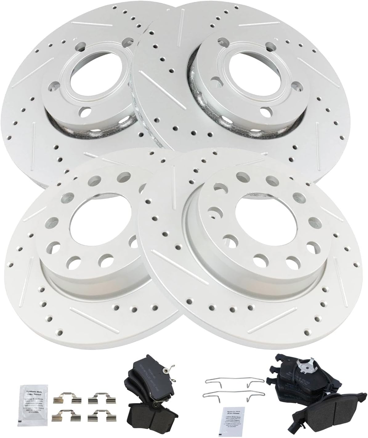 TRQ Performance Front and Rear Brake Pad and Rotor Set Semi Metallic Coated Drilled Slotted Vented Solid Compatible with 2002-2004 Audi A4 A4 Quattro
