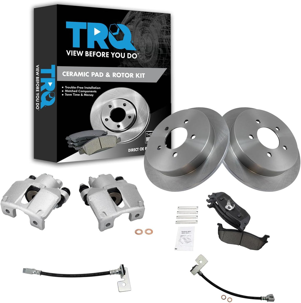 TRQ Rear Brake Pad and Rotor Set Ceramic Rotors Calipers Hoses Compatible with 1999-2003 Ford F-150 2004 F-150 Heritage