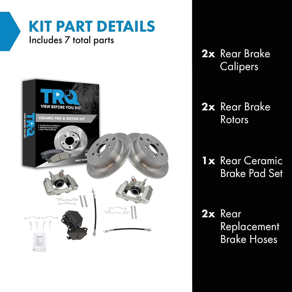 TRQ Rear Brake Pad and Rotor Set Ceramic Rotors Calipers Hoses Compatible with 2000-2005 Toyota Celica