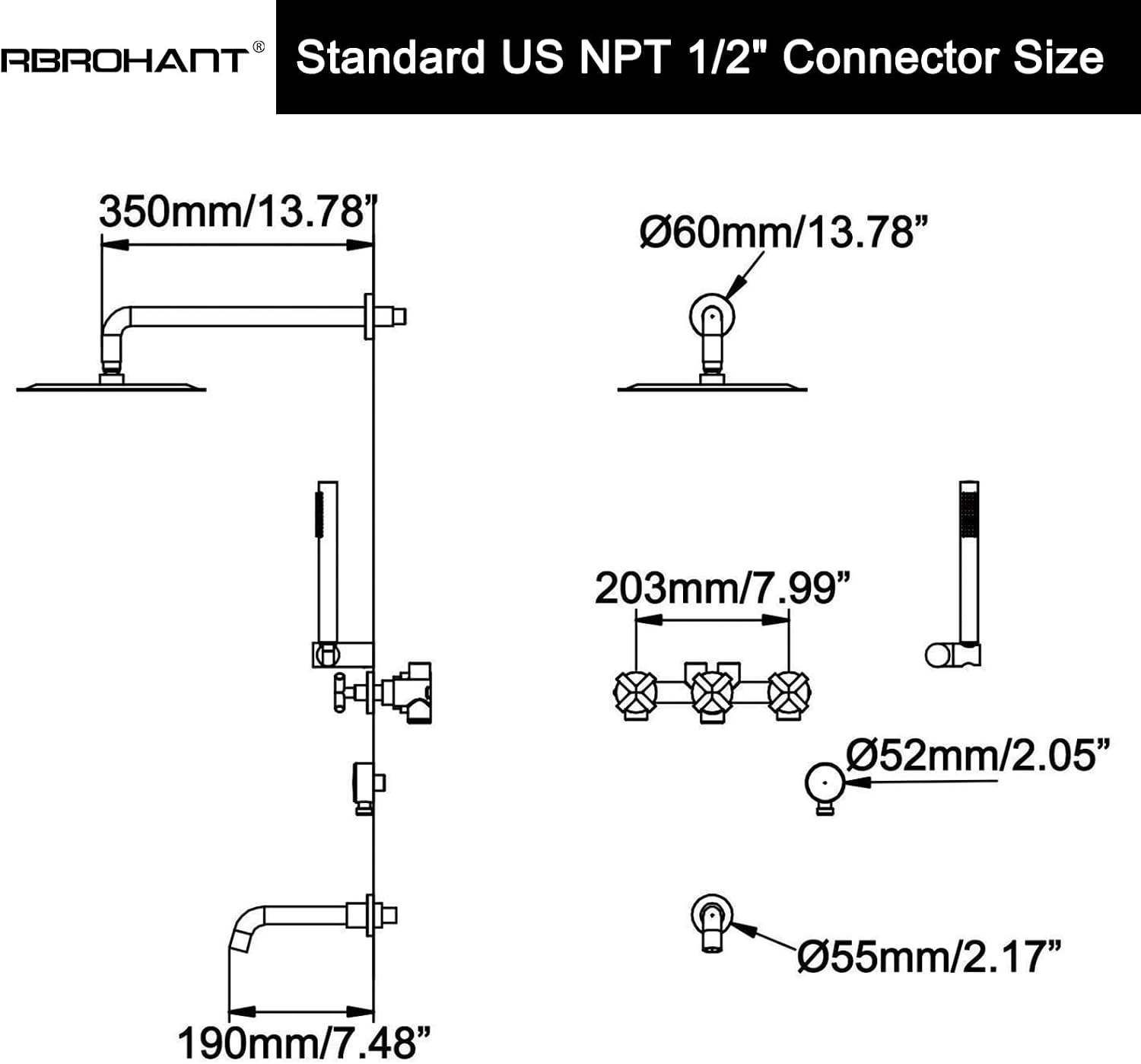 RBROHANT Matte Black Shower System with Tub Spout, Brass Bathtub Shower Faucet Set with 3 Way Rough-in Valve,10 Inch Round Shower Head Set with Tub Spout and Handheld, JK0300