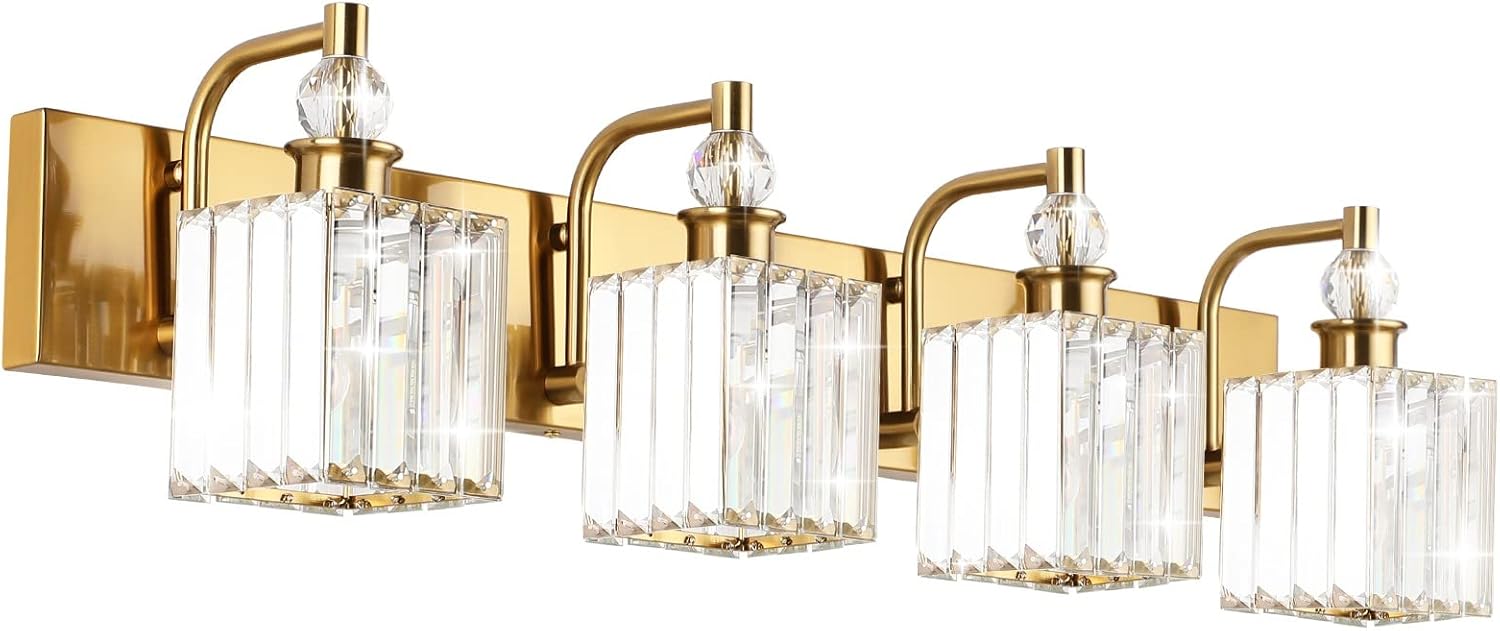 Ralbay Crystal Vanity Lights 4-Lights 31.5''Gold Bathroom Lighting Fixtures Over Mirror Modern Crystal Gold Bathroom Vanity Lights