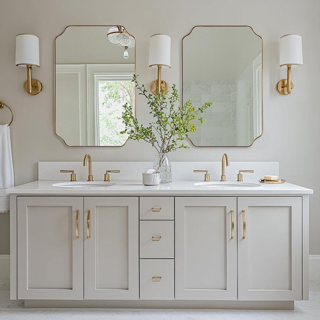 MIRRORART Gold Bathroom Mirror 24x36 Inch, Scalloped Mirrors for Bathroom Sink, Notched Corner Rectangle Mirror in 1'' Stainless Steel Metal Frame Home Remodel Wall Mount Vertical/Horizontal