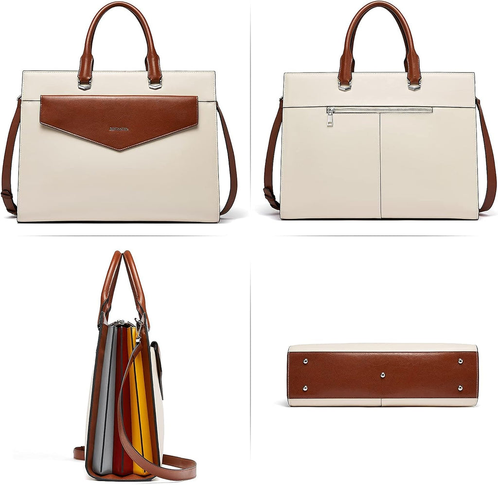 BOSTANTEN Briefcase for Women Laptop Tote 15.6 Inch Genuine Leather Handbag Work Bag Beige
