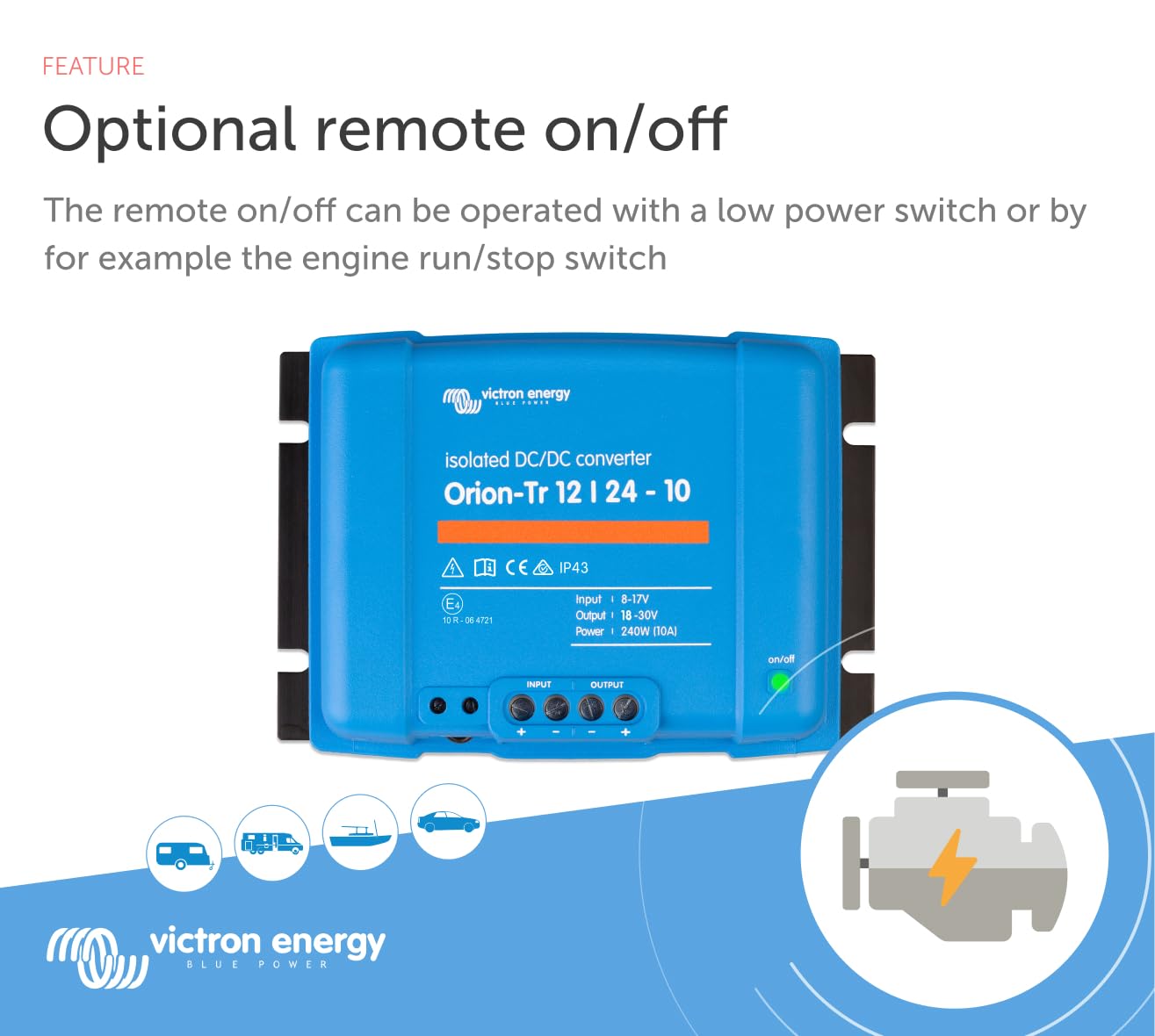 Victron Energy Orion-Tr DC to DC Converter - 12/24-Volt 10 amp 240-Watt - IP43 Protected - for Dual Battery Systems - Isolated