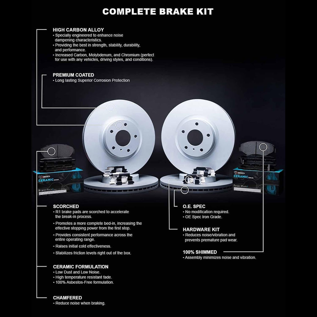 R1 Concepts Front and Rear Brake Kit Fits 2019-2025 Lexus ES300h, ES350, Toyota RAV4; 2019-2022 Lexus UX200, Toyota Avalon| Ceramic Pads, Blank Rotors| Hardware| 12.0' Front & 11.1' Rear