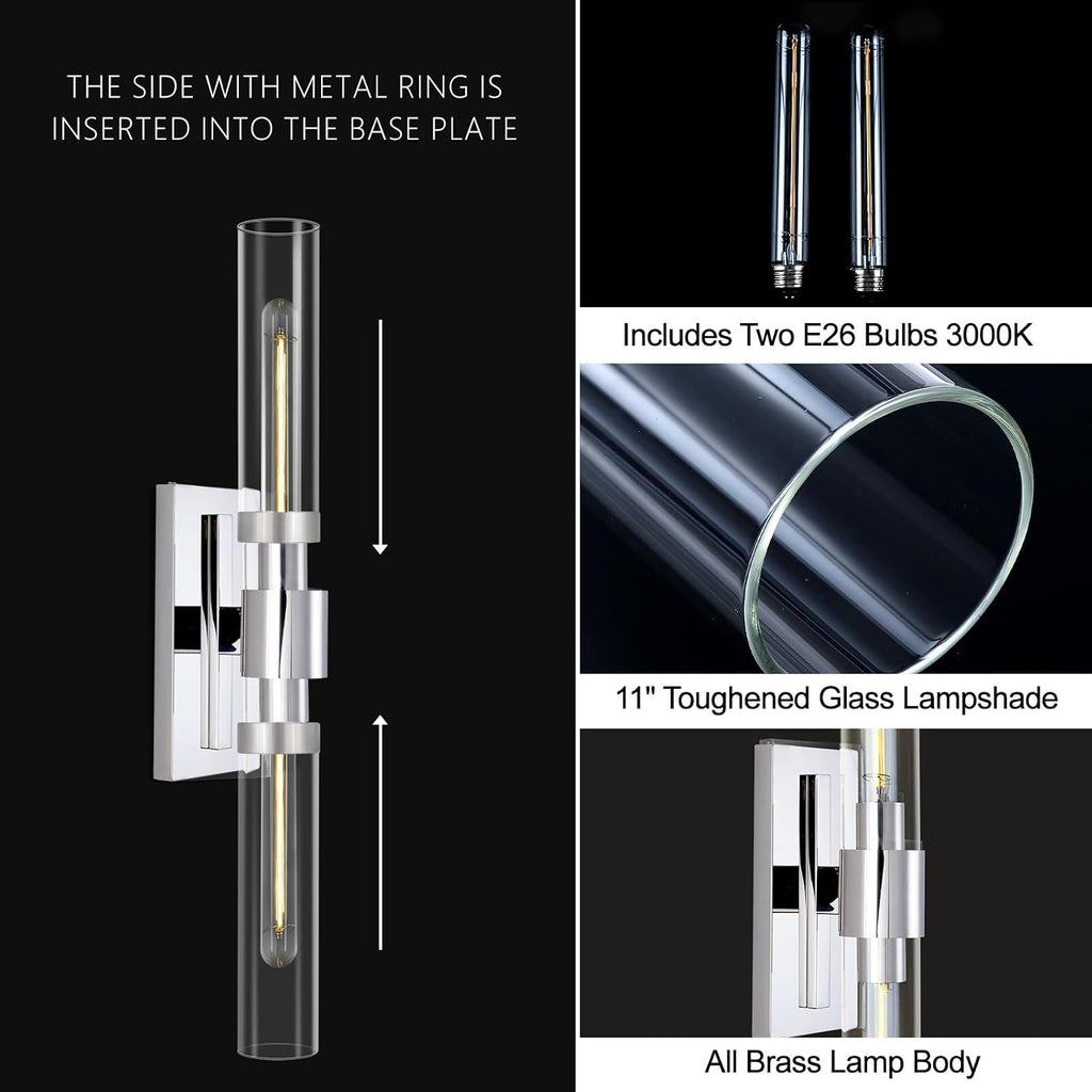 Chrome Wall Sconces, 22.8' Bathroom Sconces, Indoor Sconces Wall Lighting Up and Down, Nickel Wall Sconce Set of Two Dimmable, Vanity Lights for Bathroom with Tube, Glass Sconce for Bedroom, Staircase