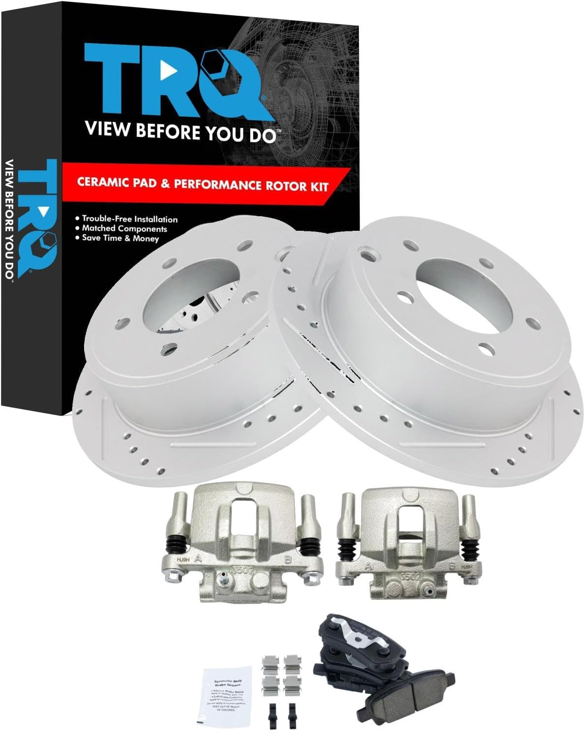 TRQ Performance Rear Brake Pad & Rotor Set Ceramic Drilled Coated Rotors Calipers Compatible with 07-10 Chrysler Sebring 11-14 200 08-14 Dodge Avenger 07-12 Caliber 07-17 Jeep Compass Patriot