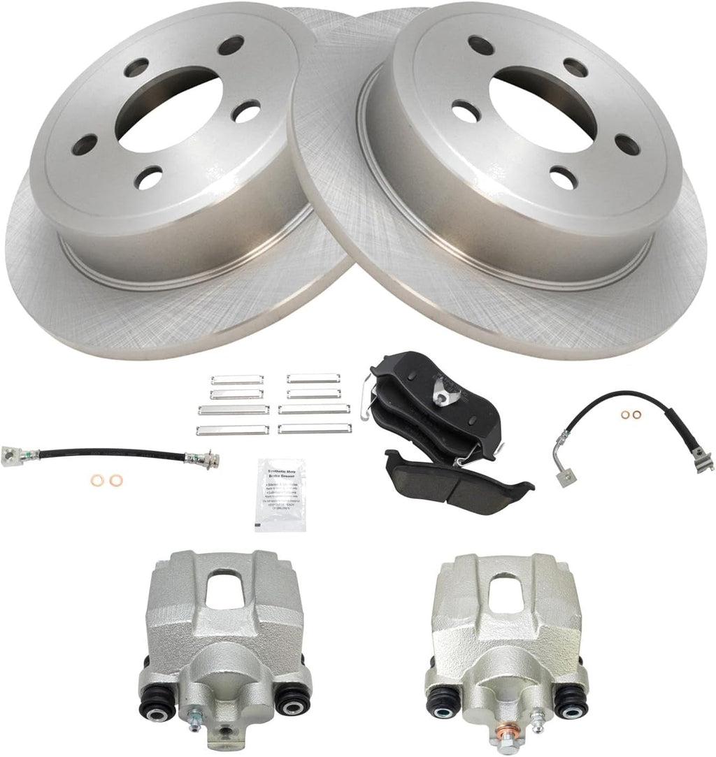 TRQ Rear Brake Pad and Rotor Set Ceramic Rotors Calipers Hoses Compatible with 2006-2007 Jeep Liberty