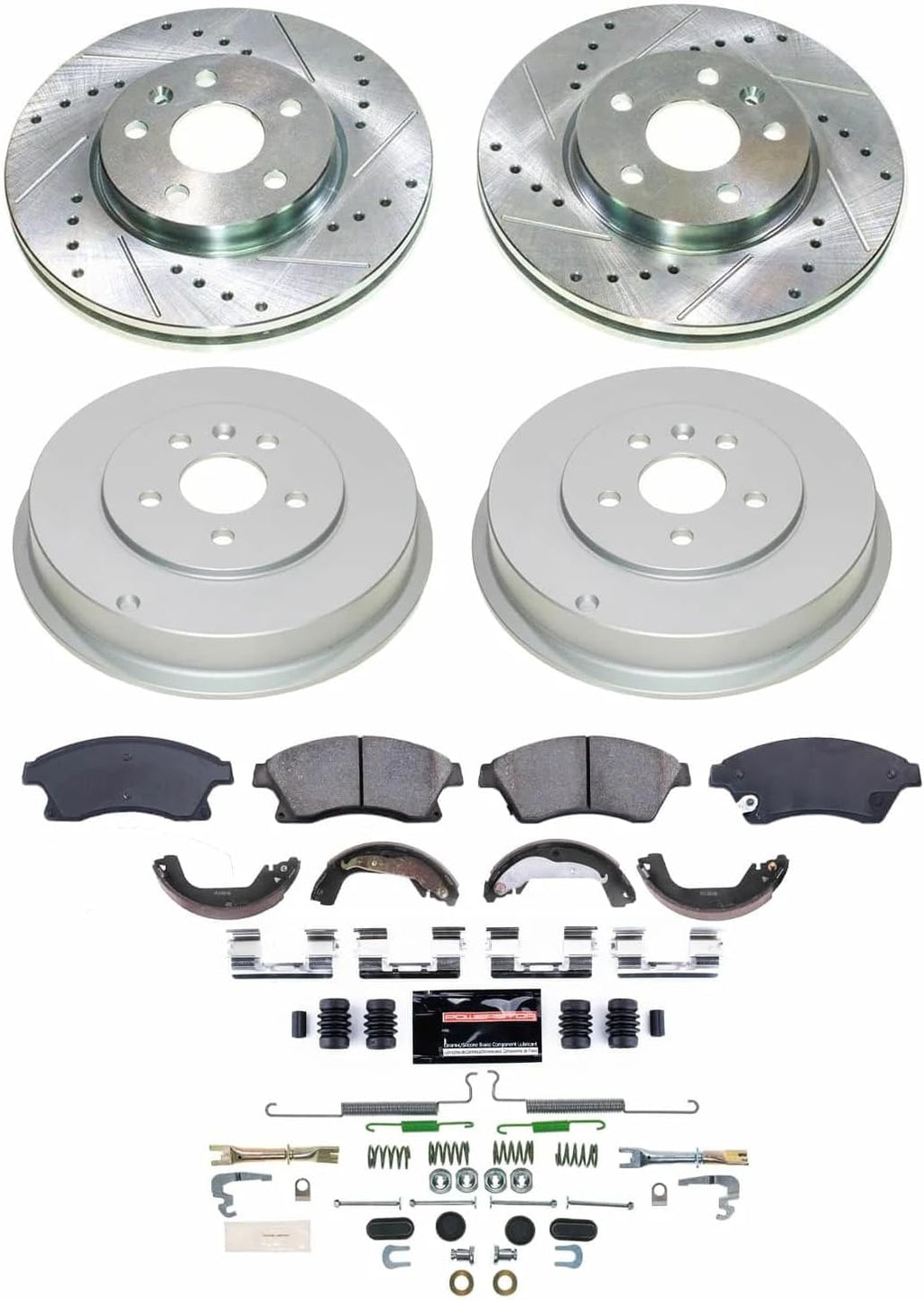 POWERSTOP Front and Rear Z23 Carbon-Fiber Ceramic Brake Pads and Drilled Slotted Rotors Brake Kit with Brake Shoes and Drums [Vehicle Specific] For Chevy Cruze, Chevy Cruze Lim [Model Specific]
