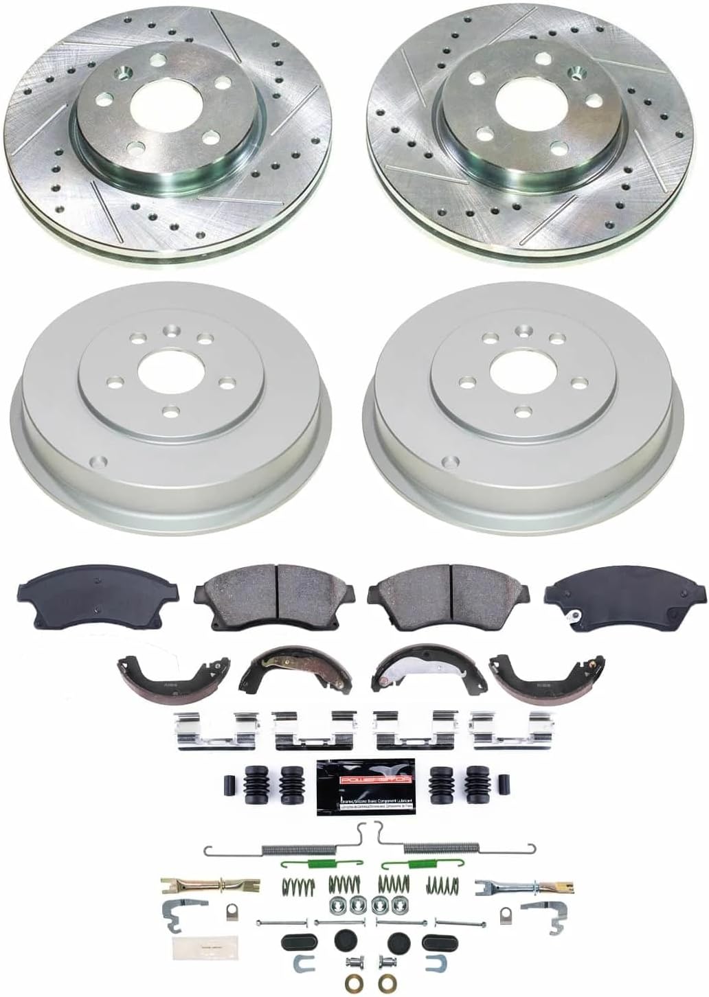 POWERSTOP Front and Rear Z23 Carbon-Fiber Ceramic Brake Pads and Drilled Slotted Rotors Brake Kit with Brake Shoes and Drums [Vehicle Specific] For Chevy Cruze, Chevy Cruze Lim [Model Specific]