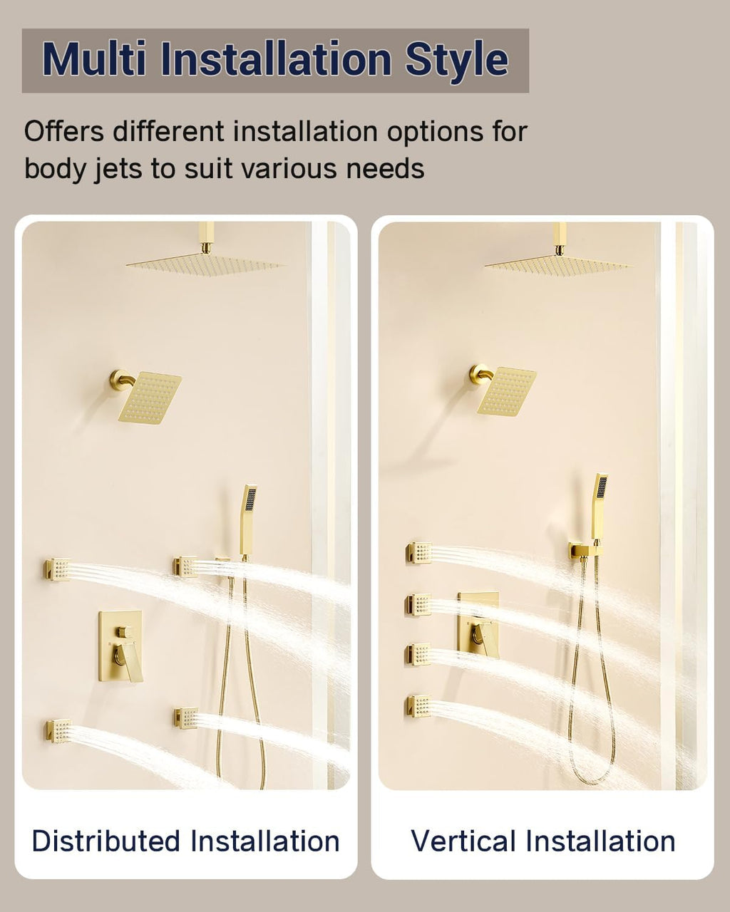 Dual Rainfall Head Shower System with 4 Body Jets, JetsBath Shower Faucet Set Double Shower Head 6-Inch Shower & 12' Rain Shower, Luxury Brushed Gold Shower Faucet Set Tandem Shower Head System