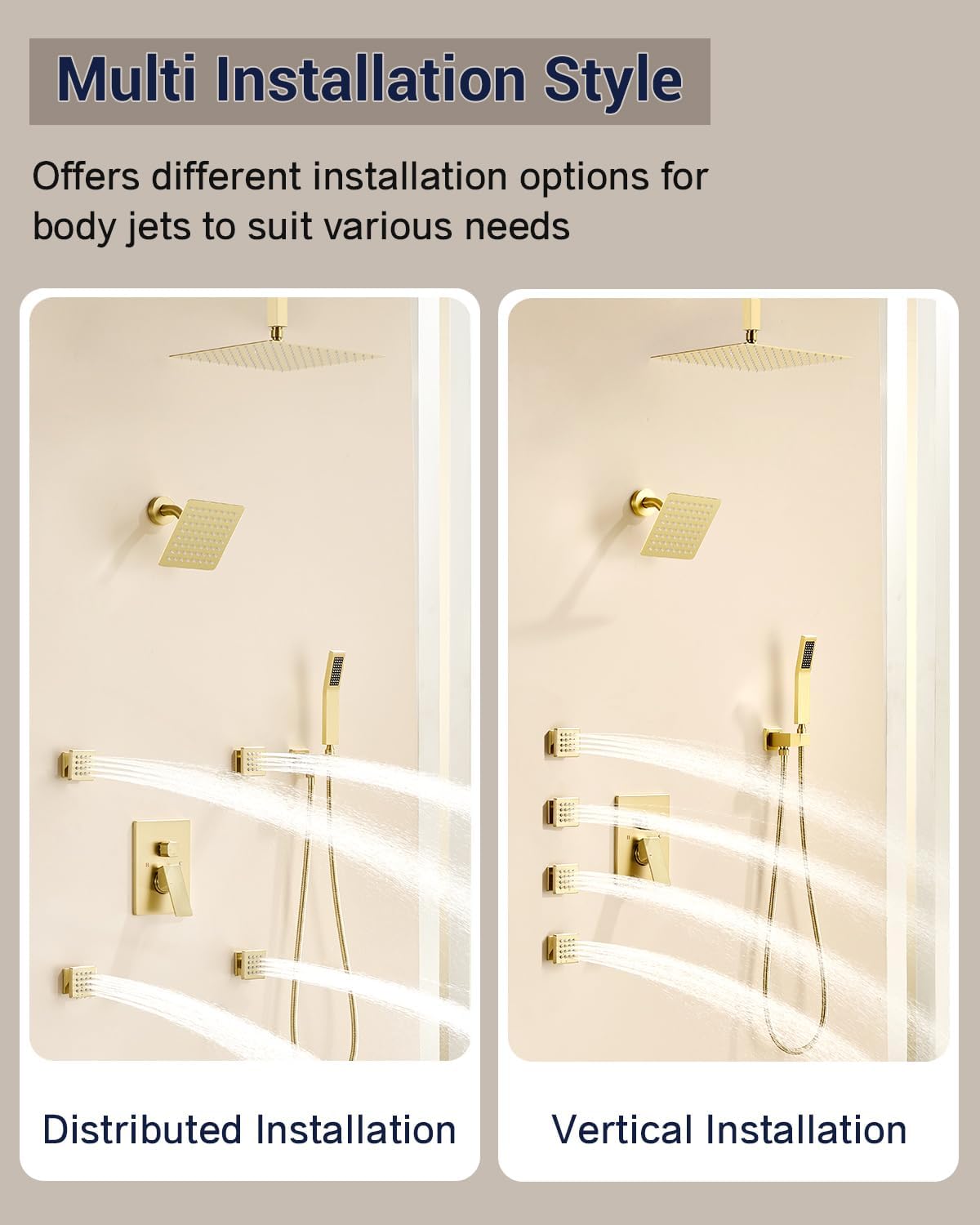 Dual Rainfall Head Shower System with 4 Body Jets, JetsBath Shower Faucet Set Double Shower Head 6-Inch Shower & 12' Rain Shower, Luxury Brushed Gold Shower Faucet Set Tandem Shower Head System