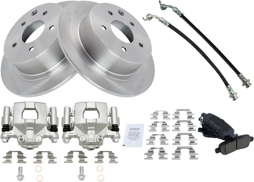 TRQ Rear Brake Pad and Rotor Set Ceramic Rotors Calipers Hoses Compatible with 2002-2006 Nissan Altima 2004-2006 Maxima
