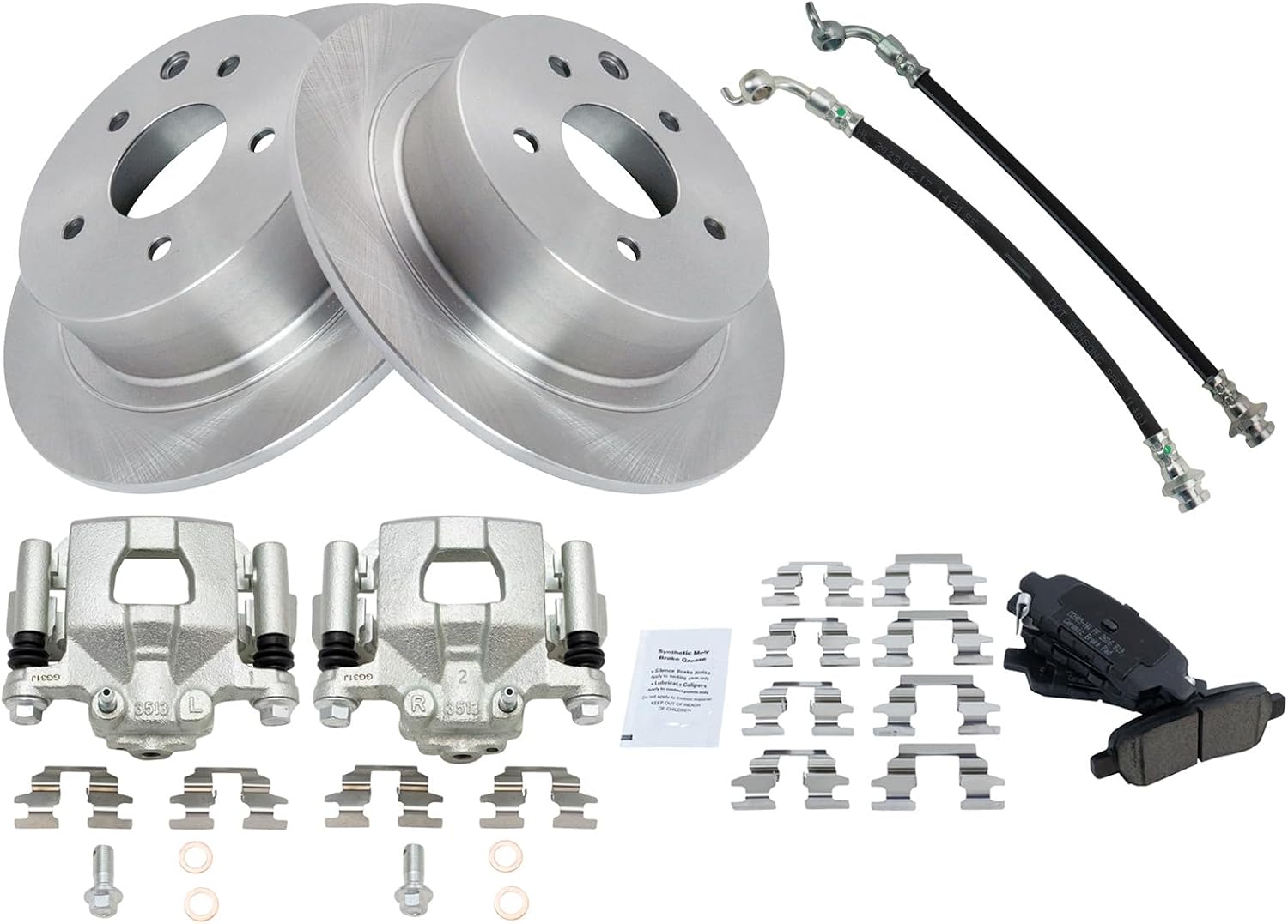 TRQ Rear Brake Pad and Rotor Set Ceramic Rotors Calipers Hoses Compatible with 2002-2006 Nissan Altima 2004-2006 Maxima