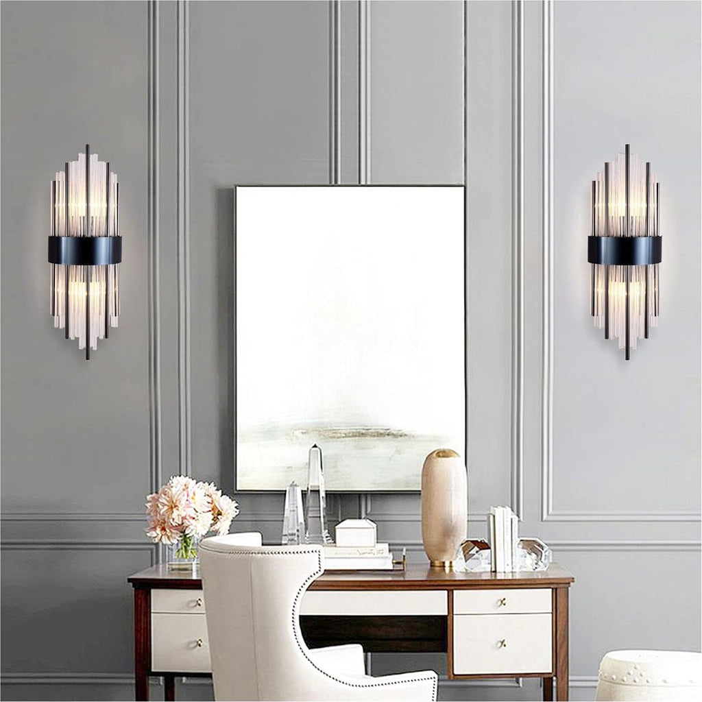 BOKT Modern Wall Mount Lamp 2 Light Fixtures Crystal Wall Sconce Lighting, Elegant Wall Sconces with Brass Base for Bedroom Living Room Bathroom Hallway Entryway Hotel Restaurant (2 Pack Black)