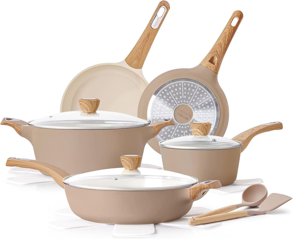 SENSARTE Nonstick Ceramic Cookware Set 14-Piece, Healthy Pots and Pans Set, Non-toxic Kitchen Cooking Set, Taupe
