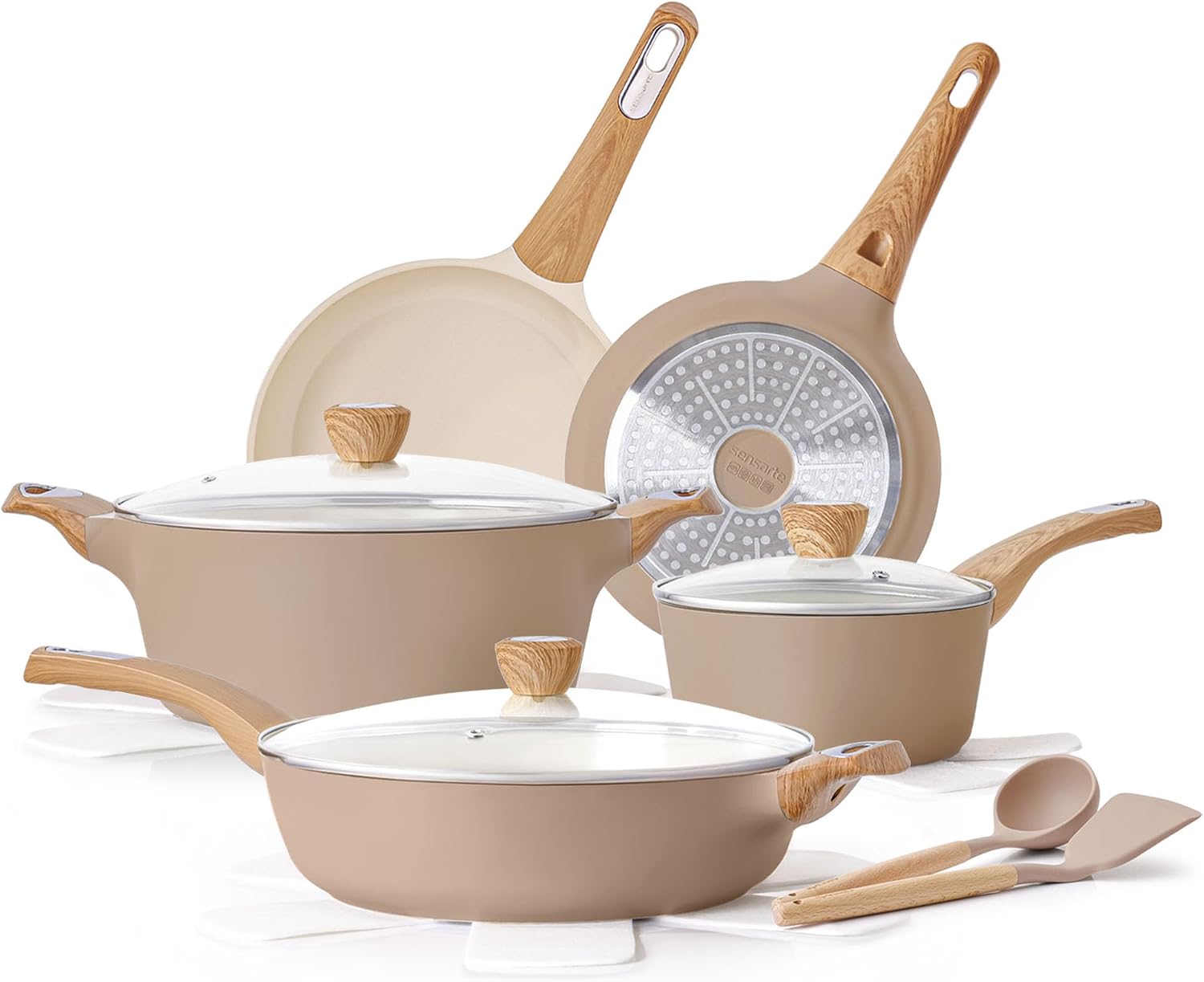 SENSARTE Nonstick Ceramic Cookware Set 14-Piece, Healthy Pots and Pans Set, Non-toxic Kitchen Cooking Set, Taupe