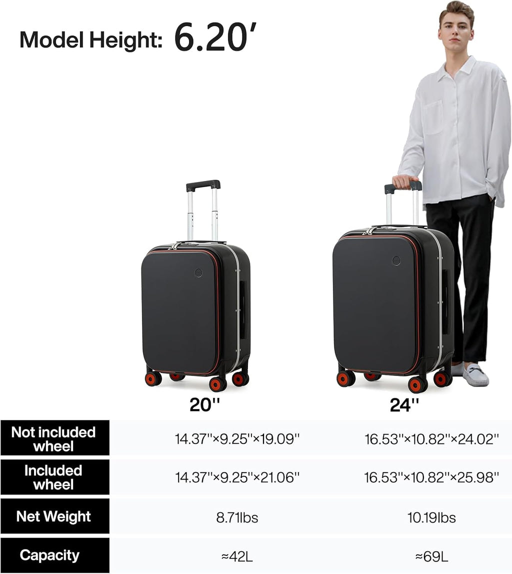 mixi Carry On Luggage, 20'' Suitcase with Front Pocket, Travel Rolling Luggage Aluminum Frame PC Hardside with Spinner Wheels & TSA Lock and Cover - Black