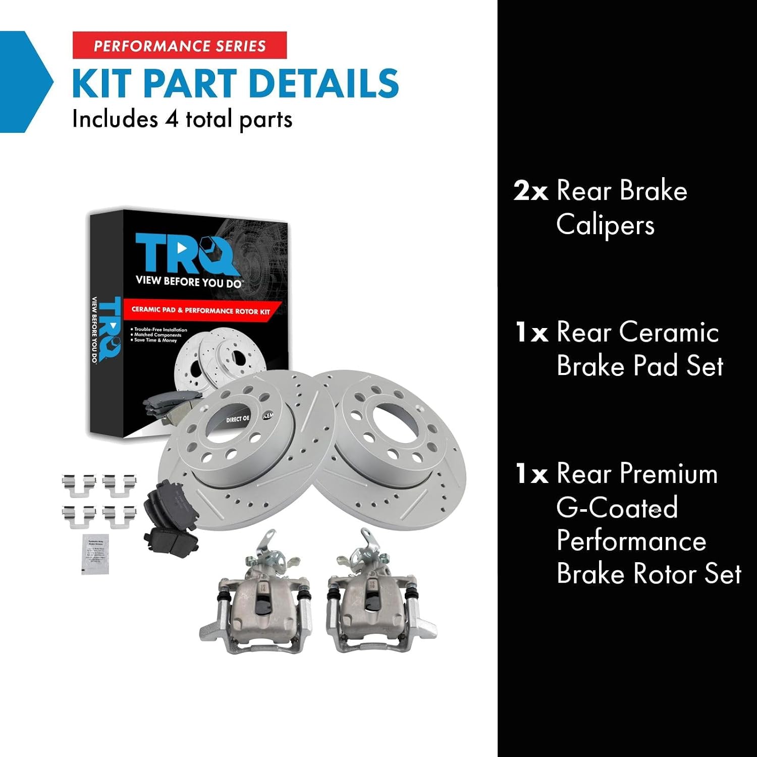 TRQ Performance Rear Brake Pad and Rotor Set Ceramic Solid G Coated Rotors Calipers Compatible with 2010 Volkswagen Golf 2005-2010 Jetta 2006-2009 Rabbit