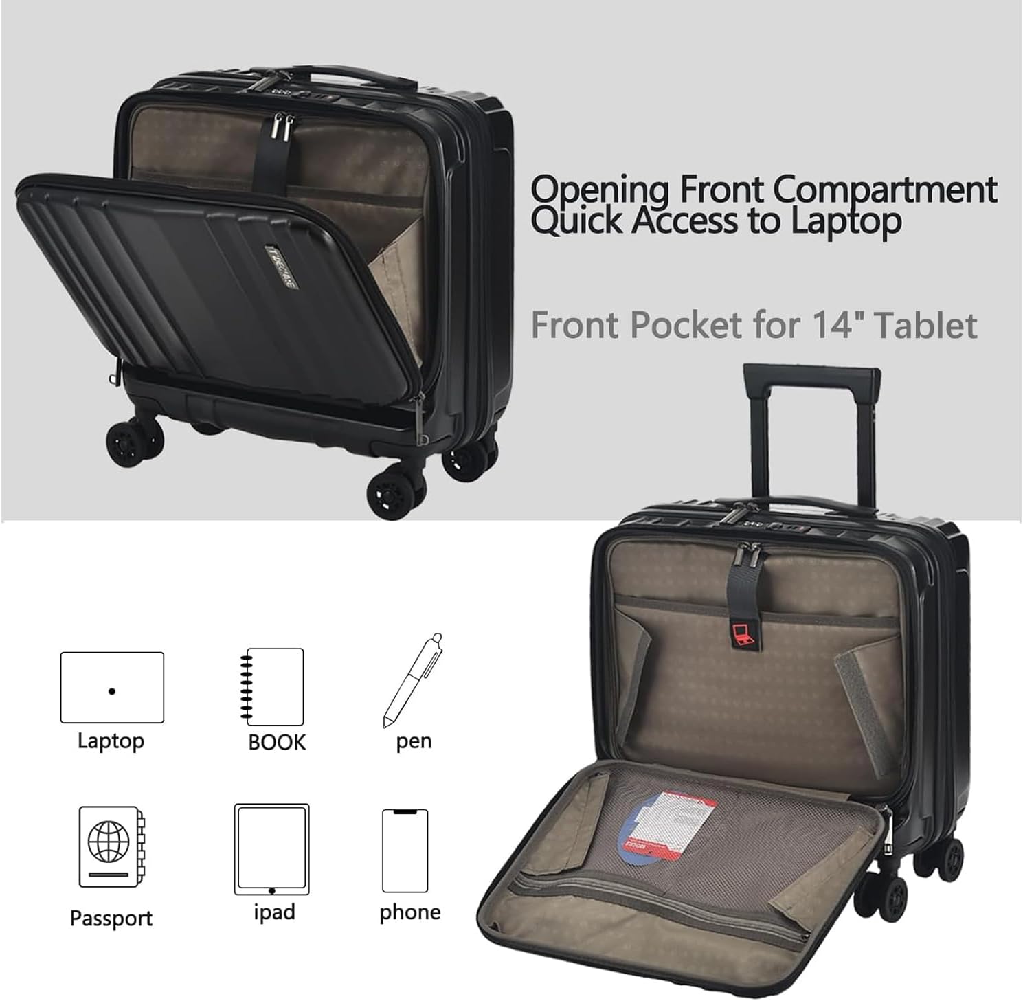 TydeCkare 16' Carry on Luggage with 2 Laptop Compartments, Lightweight Hardshell ABS+PC Suitcase with Dual Control TSA Lock, with YKK Zipper, 4 Spinner Silent Wheels, for Business Travel, Black