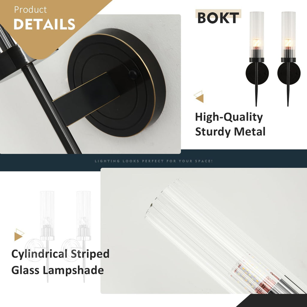 BOKT Mid Century Modern Black Slim Wall Sconce Lighting Set of Two 1-Light Clear Cylinder Glass Sconces Wall Lighting Set of 2 Minimalist Single Bathroom Vanity Light Fixture