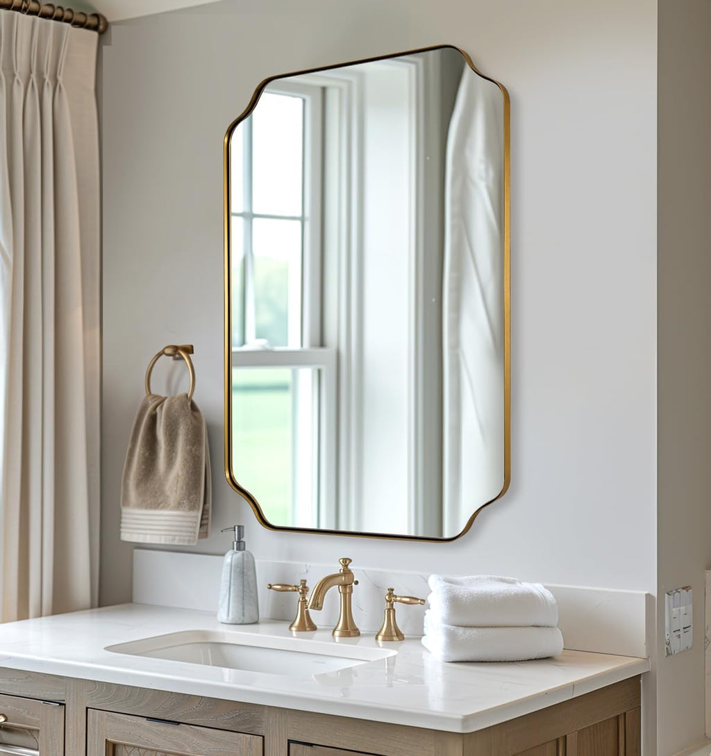 ANDY STAR 20'x30' Brushed Gold Scalloped Mirror, Bathroom Mirror for Over Sink, Antique Champagne Bronze Mirror in Rustproof Stainless Steel Thin Frame, Compact Size Ideal for Small Bathroom Remodel
