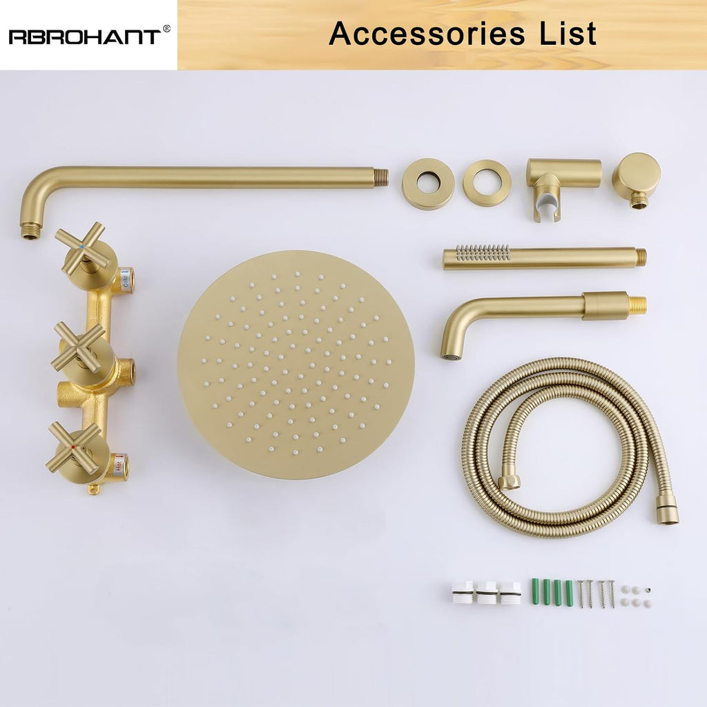 RBROHANT Brushed Gold Shower System with Tub Spout, Brass Bathtub Shower Faucet Set with 3 Way Rough-in Valve,10 Inch Round Shower Head Set with Tub Spout and Handheld, JK0299