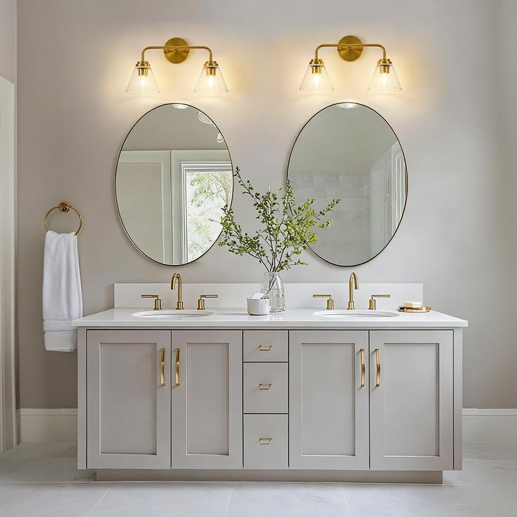 ANDY STAR Vanity Lights for Bathroom 2 Light - Brushed Gold Bathroom Light Fixtures with Clear Cone-Shaped Glass, Brass Modern Geometric Design Wall Lights for Hallway, Bedroom, E26 Base (No Bulbs)