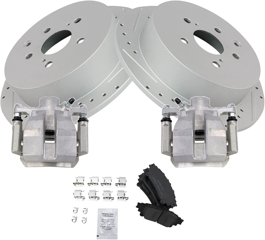 TRQ Performance Rear Brake Pad and Rotor Set Ceramic Drilled Slotted Coated Rotors Calipers Compatible with 2011-2018 Toyota Sienna 2014-2018 Highlander 2010-2015 Lexus RX350 2012-2015 RX450h