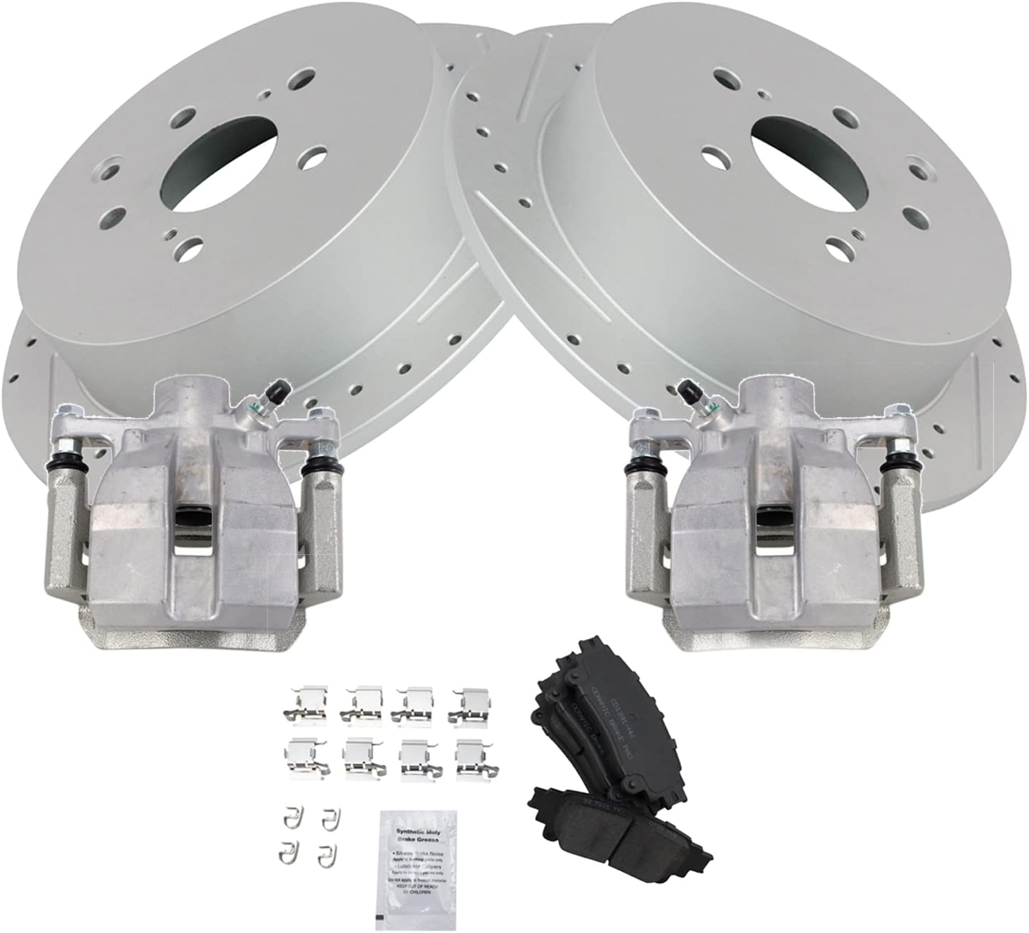 TRQ Performance Rear Brake Pad and Rotor Set Ceramic Drilled Slotted Coated Rotors Calipers Compatible with 2011-2018 Toyota Sienna 2014-2018 Highlander 2010-2015 Lexus RX350 2012-2015 RX450h