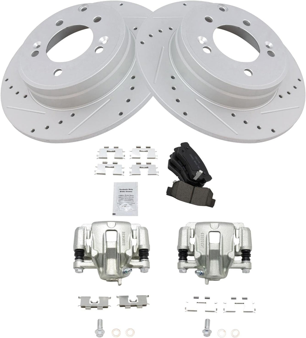 TRQ Performance Rear Brake Pad and Rotor Set Ceramic Solid Rotors Calipers Compatible with 2006 Hyundai Sonata