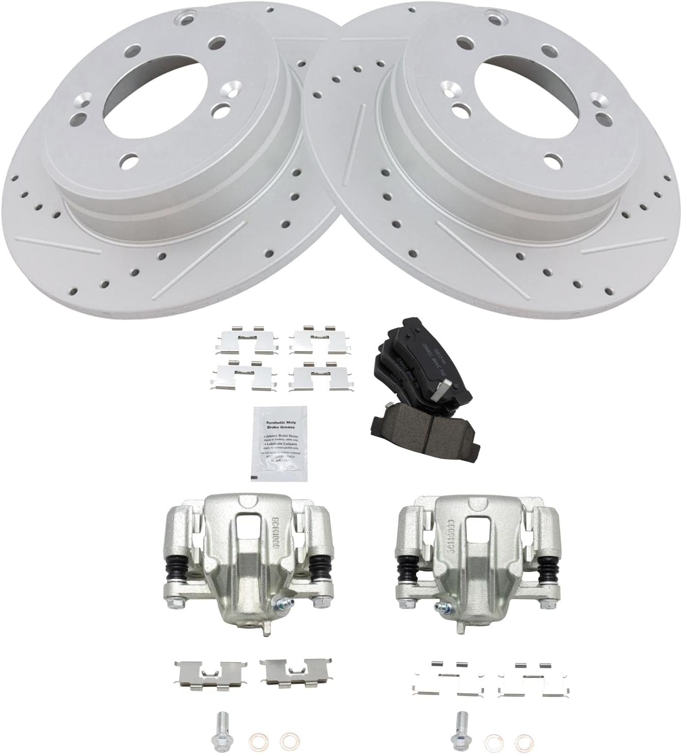 TRQ Performance Rear Brake Pad and Rotor Set Ceramic Solid Rotors Calipers Compatible with 2006 Hyundai Sonata