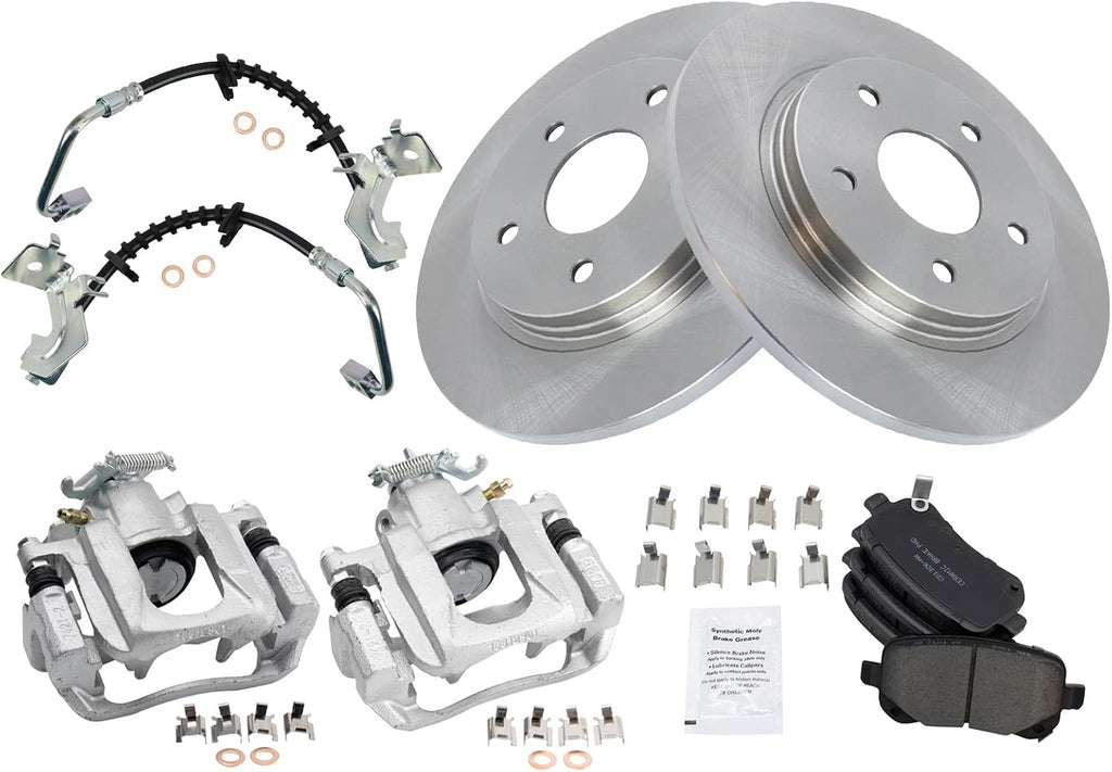 TRQ Rear Brake Pad and Rotor Set Ceramic Rotors Calipers Hoses Compatible with 2008-2011 Chrysler Town & Country 2008-2011 Grand Caravan 2009-2011 Volkswagen Routan