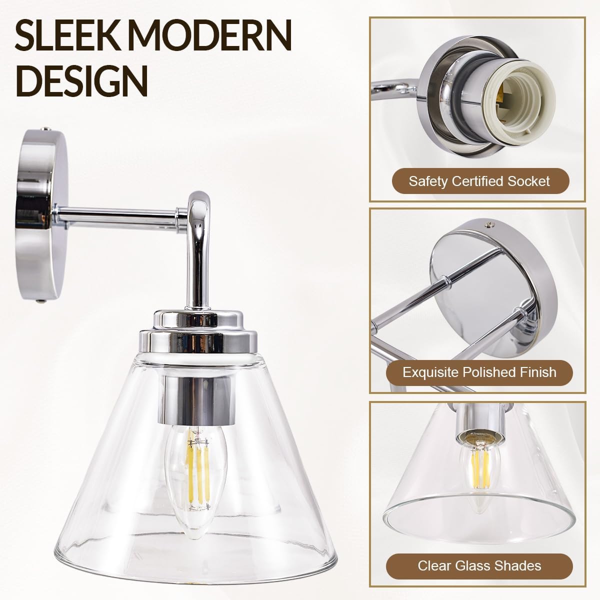 ANDY STAR Vanity Lights for Bathroom 3 Light - Chrome Bathroom Light Fixtures with Clear Cone-Shaped Glass, Polished Modern Geometric Design Wall Lights for Hallway, Bedroom, E26 Base (No Bulbs)