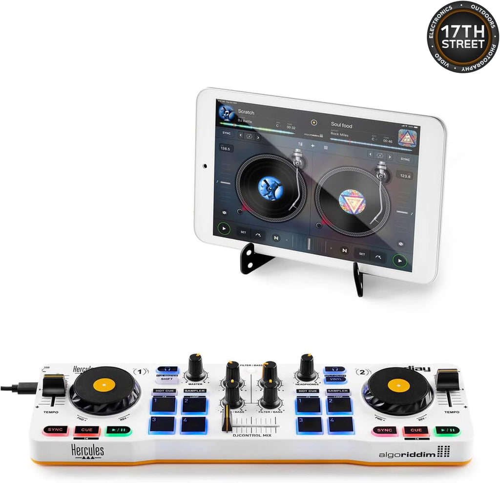 Hercules DJ Control Mix - Blue Wireless Bluetooth DJ Controller with Over Ear Headphones (Black), Waith Control Mix Case and Waith Cleaning Cloth - Algoriddim djay Software Included (Bundle Set)