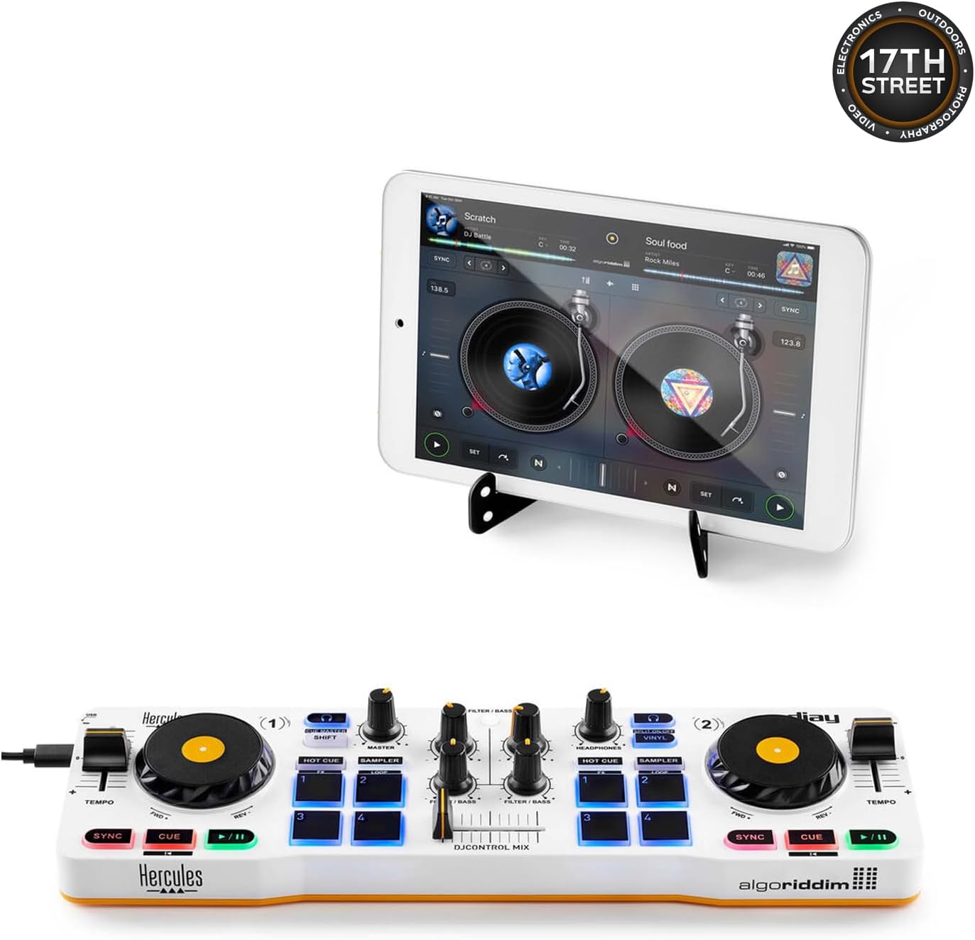 Hercules DJ Control Mix - Blue Wireless Bluetooth DJ Controller with Over Ear Headphones (Black), Waith Control Mix Case and Waith Cleaning Cloth - Algoriddim djay Software Included (Bundle Set)