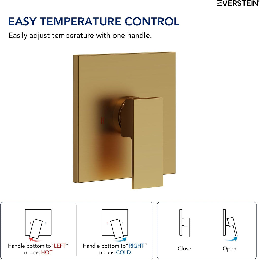 Square 6' High-Pressure Rainfall Shower Head, Wall Mount Shower Faucet with Pressure-balanced Valve, Brushed Gold
