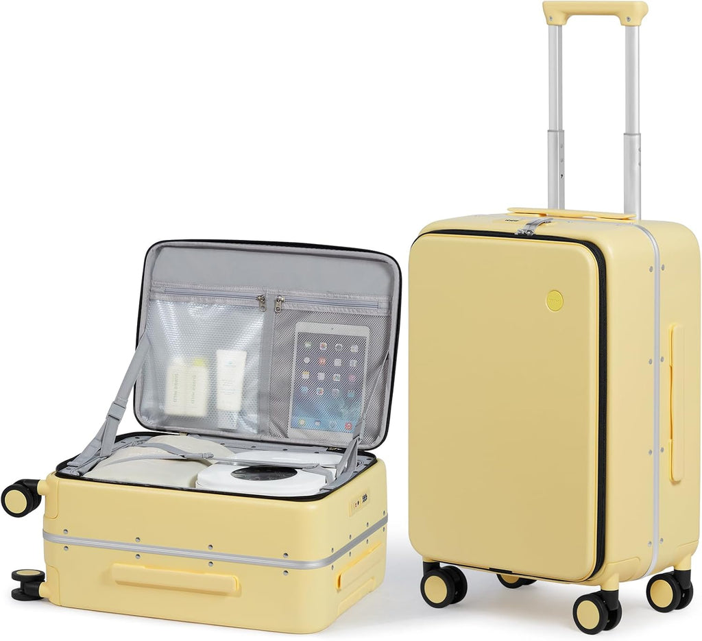 mixi 20 Inch Carry On Luggage 22x14x9 Airline Approved PC Hard Shell Suitcase Top Opening Aluminum Frame Travel Suitcases with Wheels, Lark Yellow