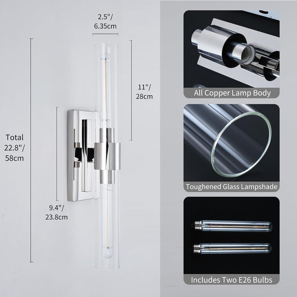 Nickel Bathroom Vanity Light, 2-Light Bathroom Wall Sconce Over Mirror, Chrome Vanity Lights for Bathroom, Dimmable Vanity Sconce with Glass Tube, Indoor Linear Wall Sconce Vertical & Horizontal, 1 PC