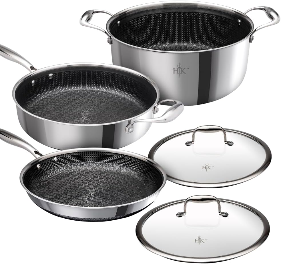 Hell's Kitchen 5-Piece Hybrid Cookware Set, Tri-Clad Stainless Steel & PFAS-Free Ceramic Nonstick, no PFOA, no PTFE, no Teflon, Non Toxic Cookware, Metal Utensil Safe, All cooktops & Oven Safe