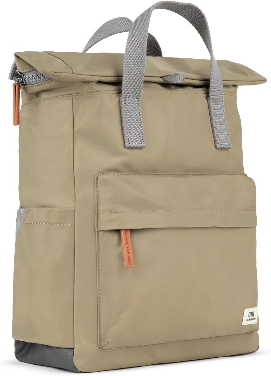 ORI LONDON Travel Backpack - Medium Nylon Rolltop Backpack for Men & Women with Multiple Pockets for Laptop, Phone, Keys, Wallet, Bottles - The Canfield, Taupe, 16.5x11.8x4.7'